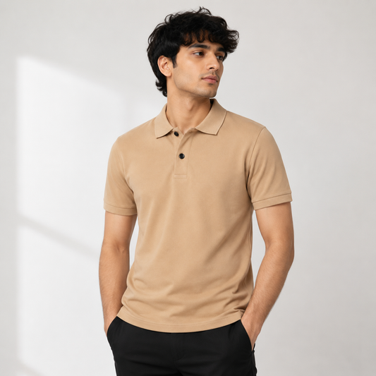 Men's Solid Beige Polo T-Shirt | Cotton Blend Fabric | Regular Fit | Half Sleeve | Collar Neck | Casual & Office Wear | Soft & Breathable Polo Tee for Men