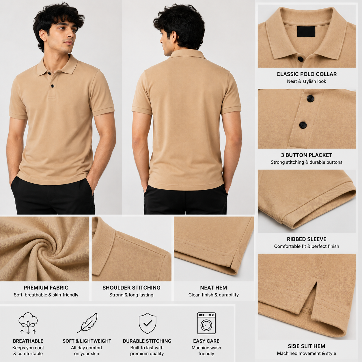 Men's Solid Beige Polo T-Shirt | Cotton Blend Fabric | Regular Fit | Half Sleeve | Collar Neck | Casual & Office Wear | Soft & Breathable Polo Tee for Men